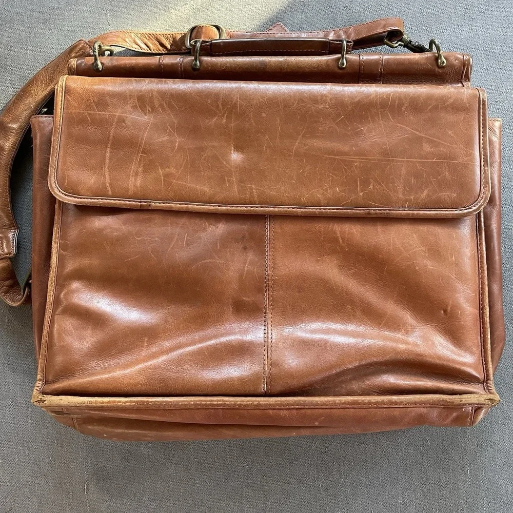 Vintage Wilsons Mens Cognac Leather Briefcase Messenger Bag Alla Moda Bellezza - Picture 8 of 10
